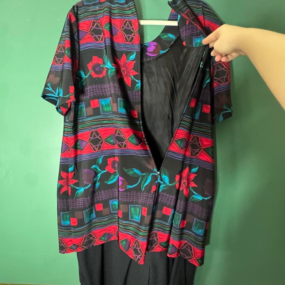 Vintage Kari's Korner 80s Plus Size Mod Geometric Floral Dress 18 Red Multi - Picture 5 of 6